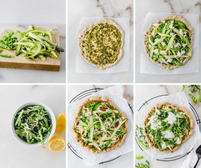 six image collage showing steps to making snap pea asparagus pizza with burrata and arugula.