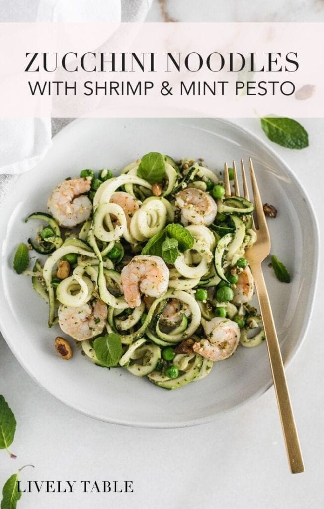 pinterest image for healthy zucchini noodles with shrimp and mint pesto.