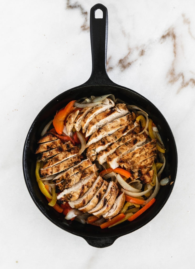 easy grilled chicken fajitas in a skillet.