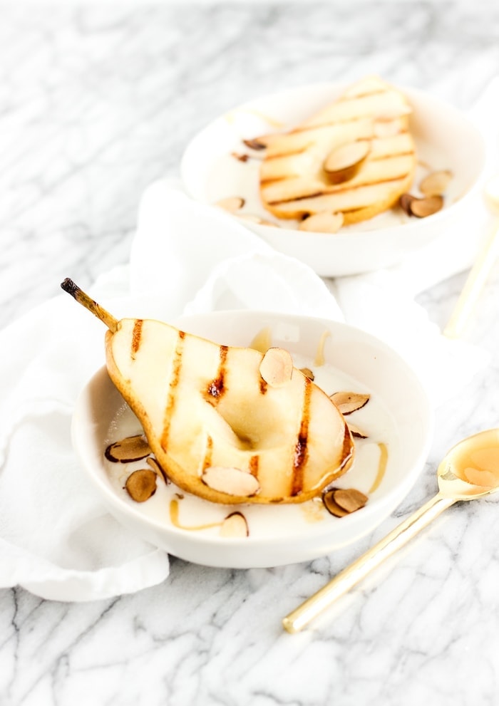 grille pears with honey whipped ricotta and almonds