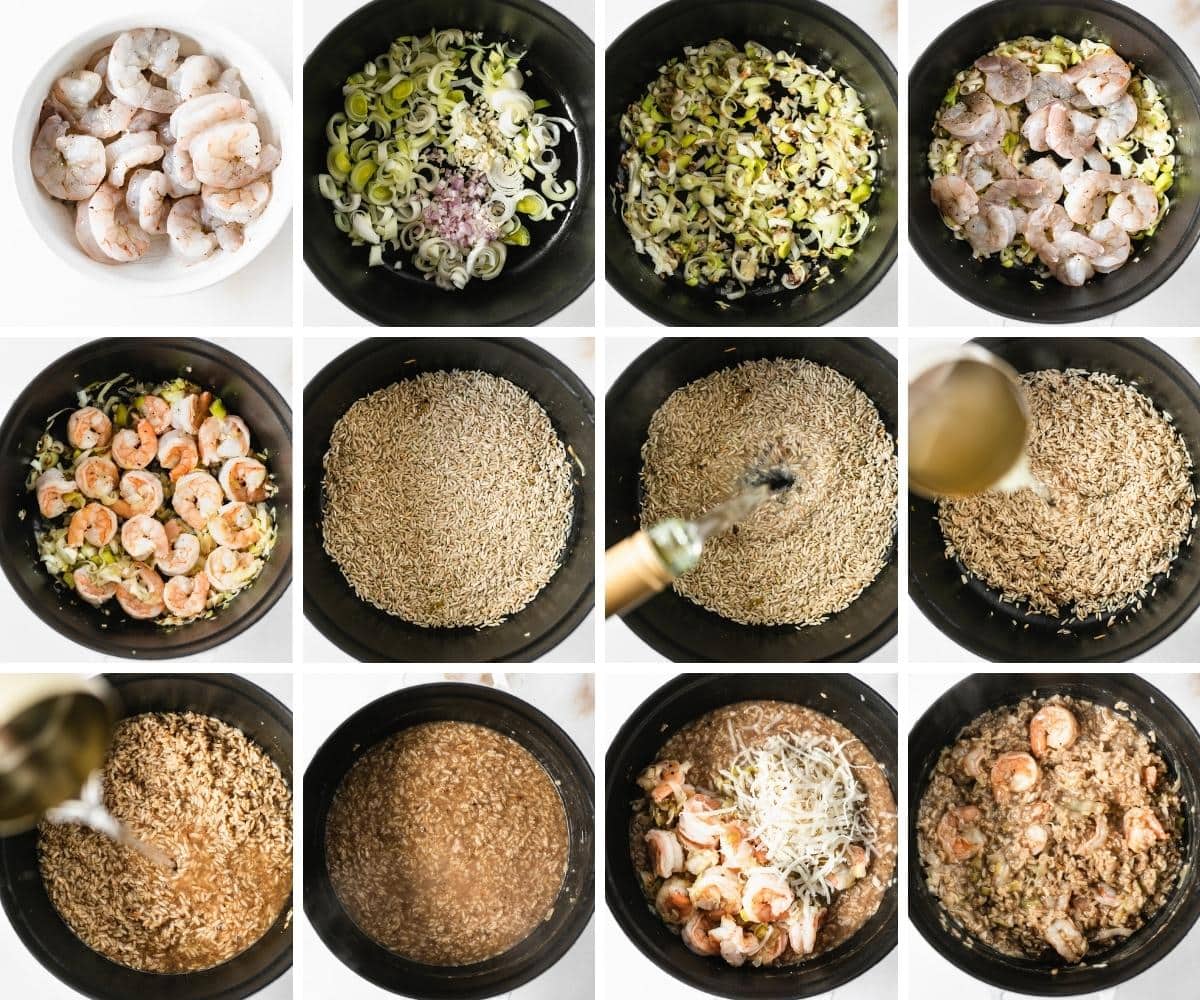 12 image collage showing steps for making brown rice risotto with shrimp and leeks.