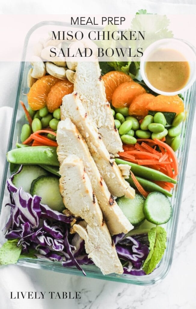 These meal prep Asian miso chicken salad bowls are healthy, satisfying, and perfect for lunch or dinner! (#dairyfree, #glutenfree) #miso #healthy #mealprep #chicken #asian #lunch
