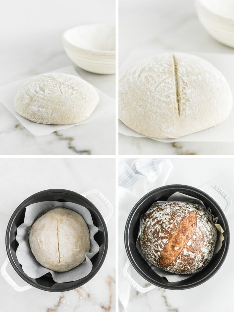 four images showing steps to score and bake sourdough bread.