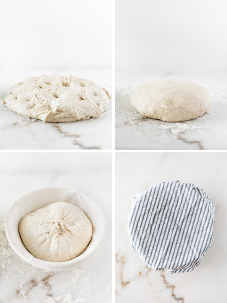 four images showing steps for shaping sourdough and the second rise.