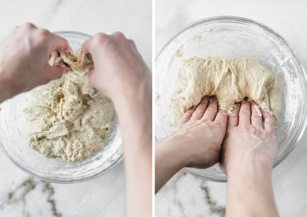 side by side images showing the stretch and fold technique for kneading bread.