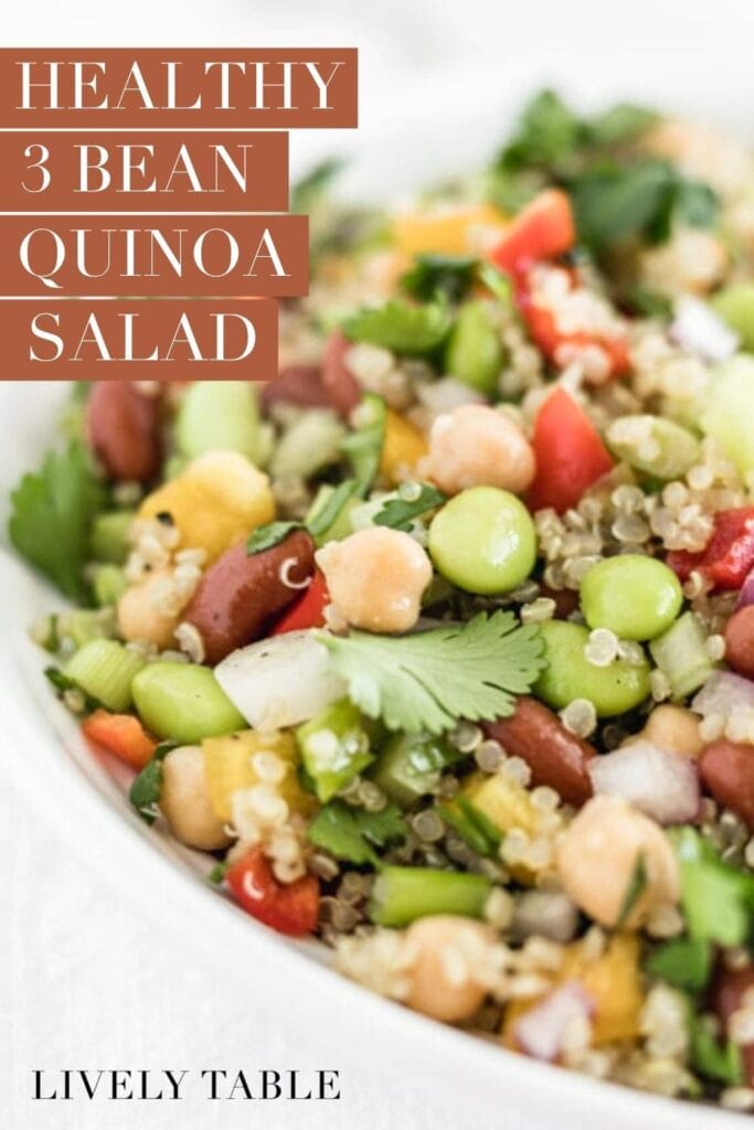 closeup of 3 bean quinoa salad with text overlay.