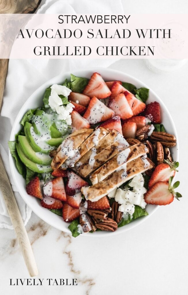 This addicting strawberry avocado salad with grilled chicken, creamy goat cheese, pecans and a creamy poppy seed dressing is a healthy and delicious summer lunch or dinner! #glutenfree #strawberry #avocado #pecans #salads #grilledchickensalad
