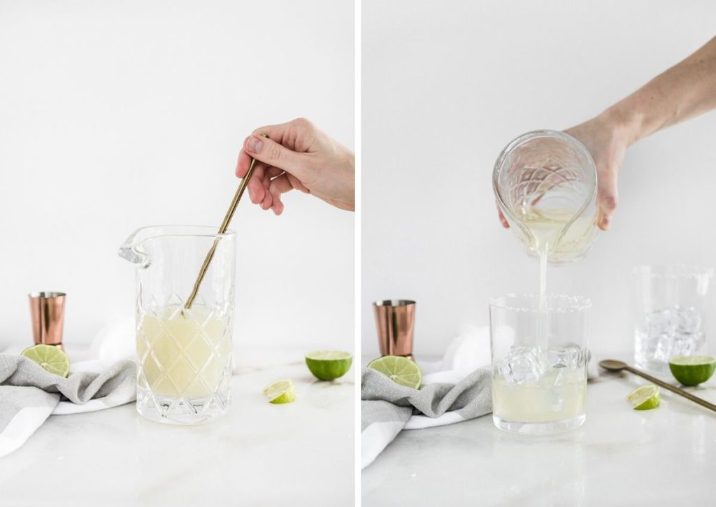 The best skinny margaritas ingredients getting mixed in a glass and then getting poured into a glass with ice.