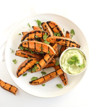Grilled Sweet Potato Wedges with Avocado Cream Sauce - Lively Table