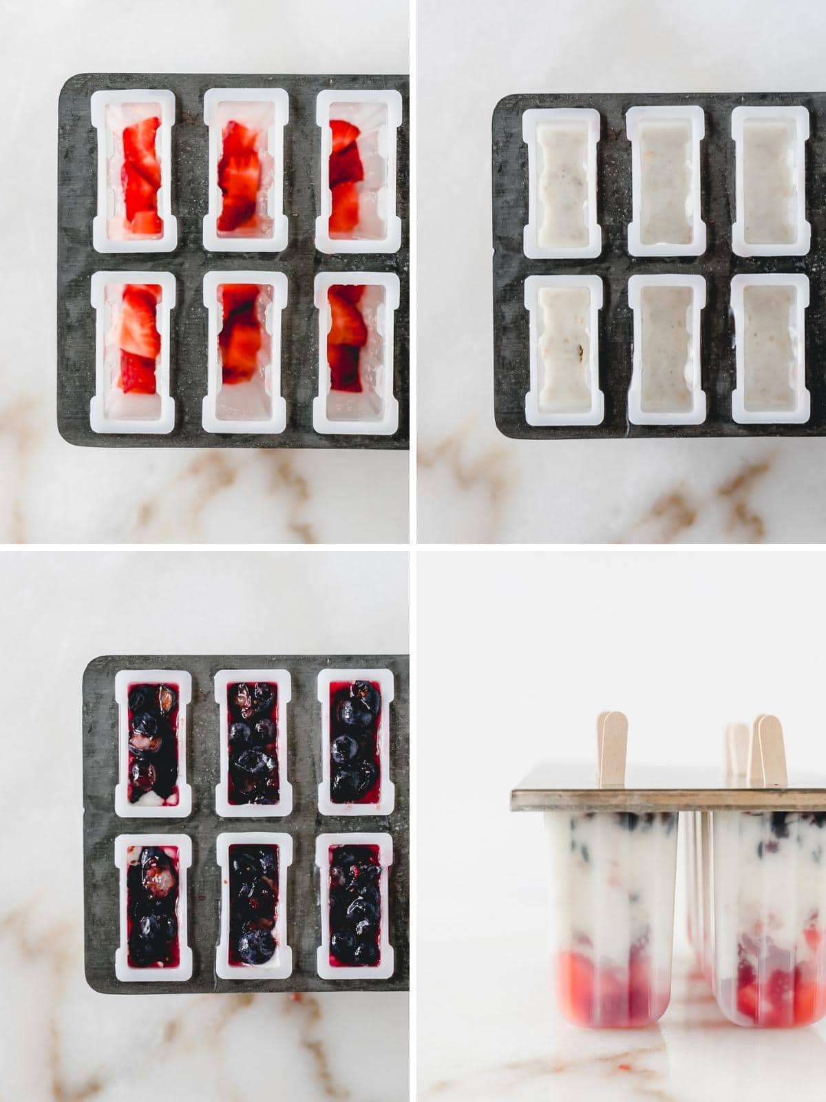 four image collage showing steps for layering berry cheesecake popsicles into molds.