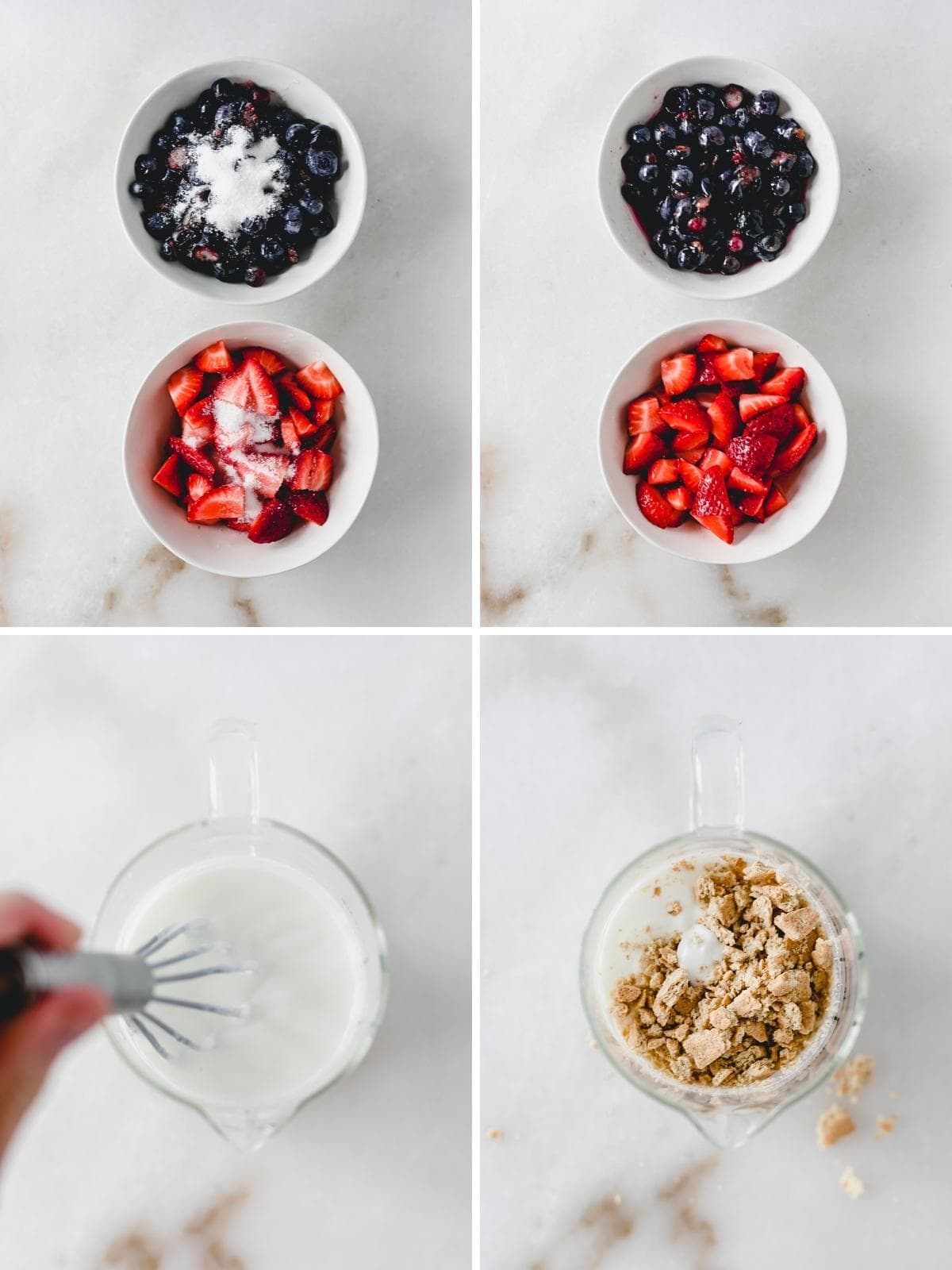 four image collage showing steps for mixing the berries and greek yogurt mixture for popsicles.