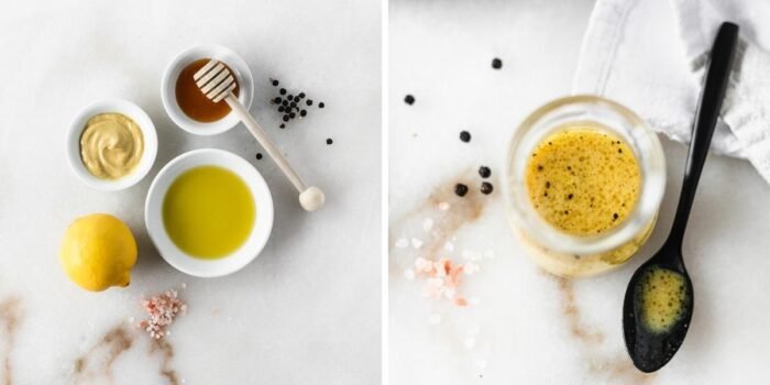 side by side images of ingredients to make lemon dijon dressing and the prepared dressing.