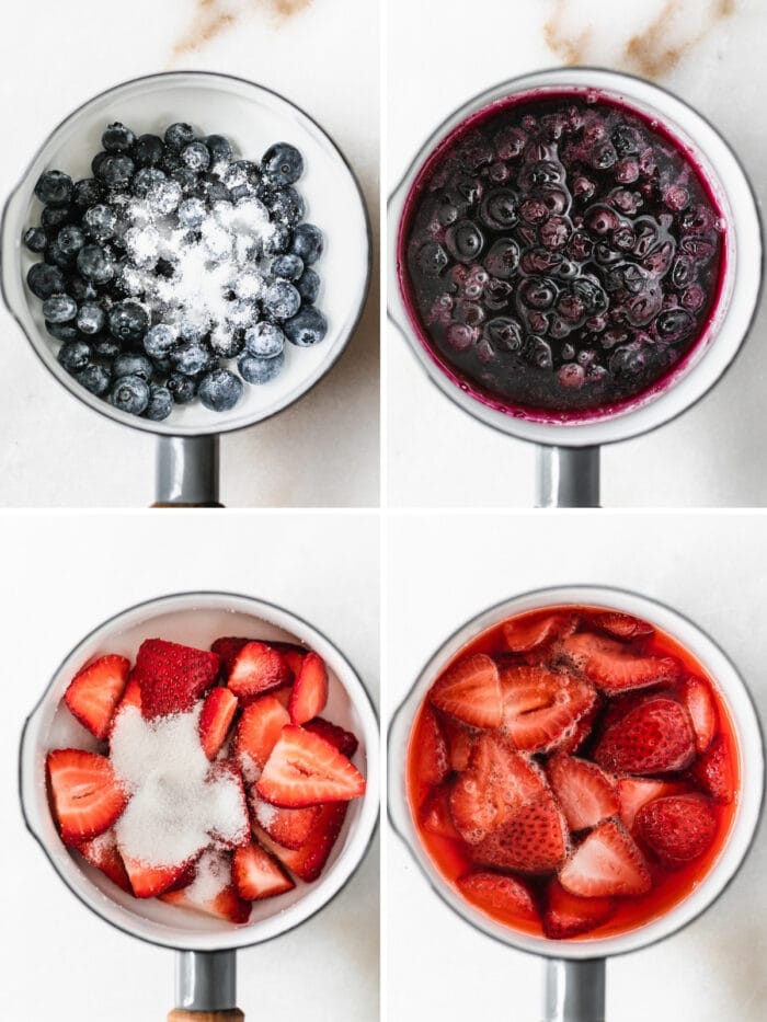 four image collage showing steps for making stewed blueberries and strawberries for red white and blue shortcakes.