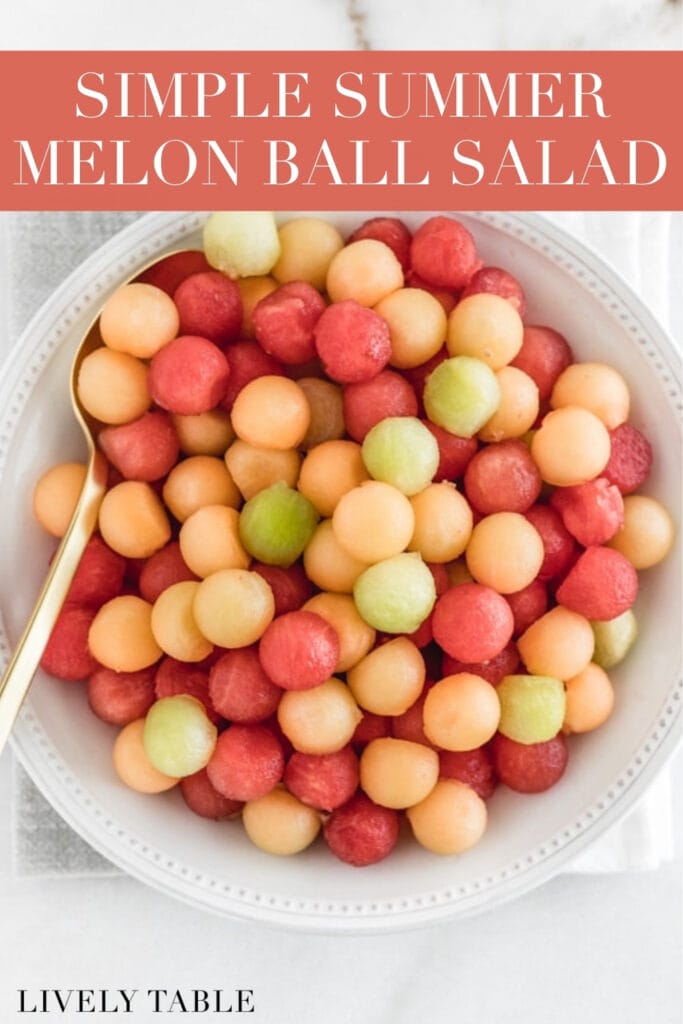 overhead view of melon balls in a white bowl with text overlay.