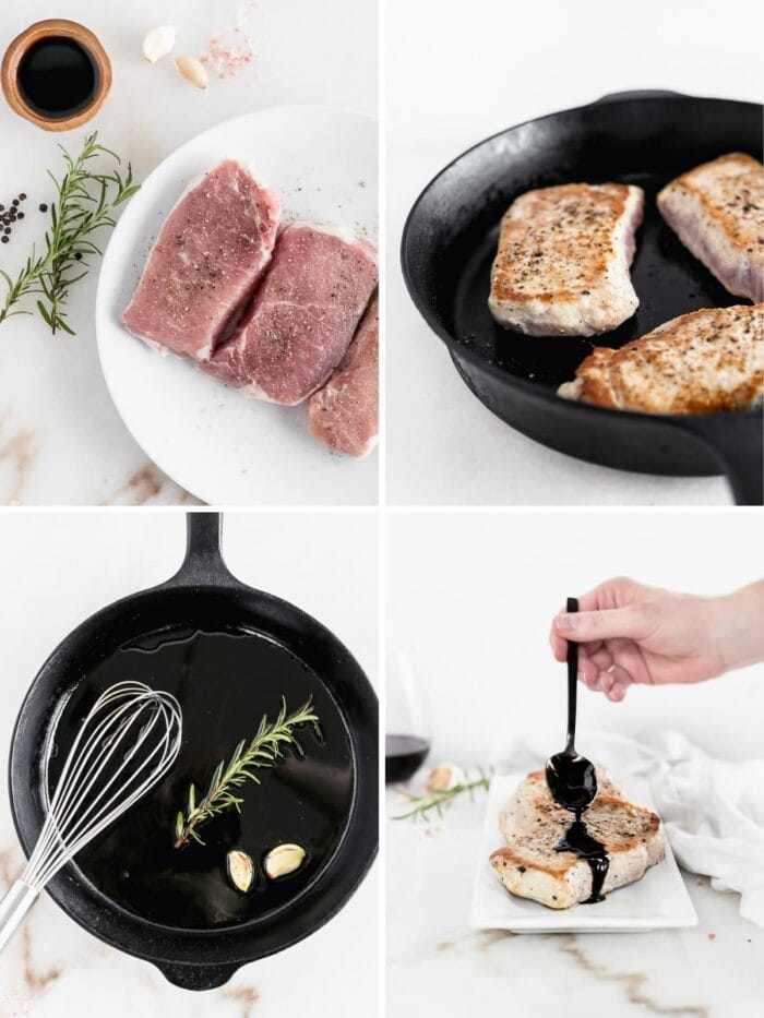 four image collage showing steps to making skillet pork chops with balsamic glaze.