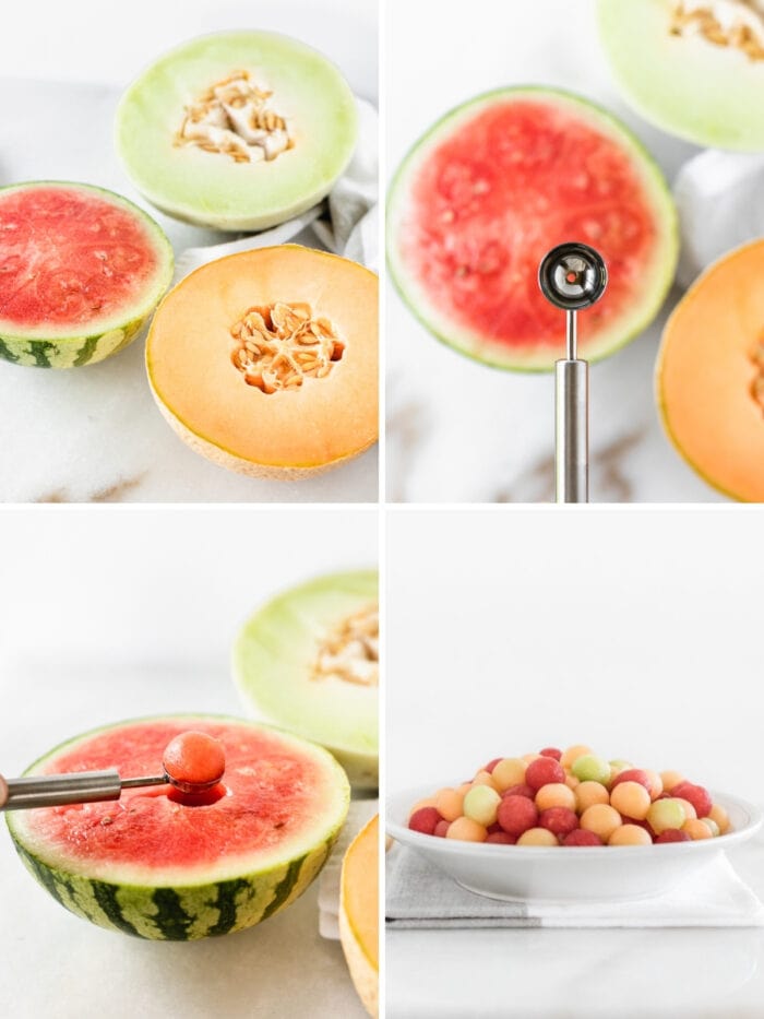 four image collage showing steps for making a melon ball salad.