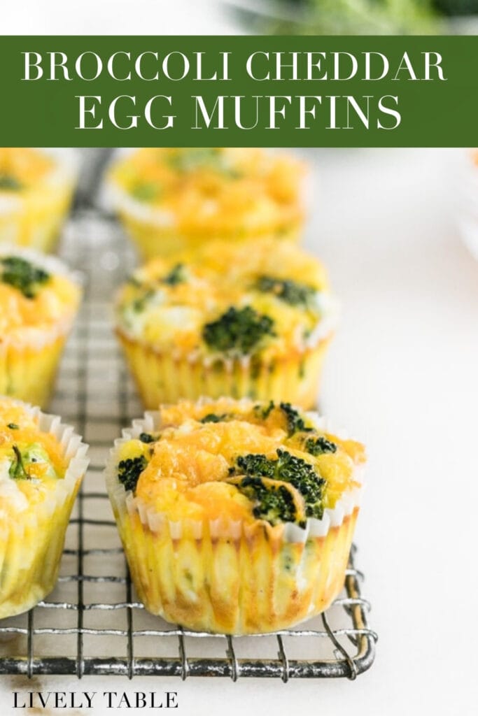 Broccoli Cheddar Egg Muffins on a cooling rack with text overlay.