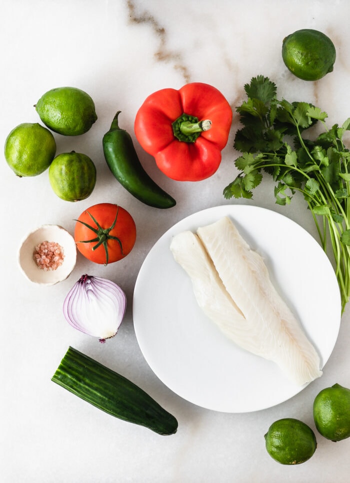 overhead view of ingredients needed to make ceviche on a white background.