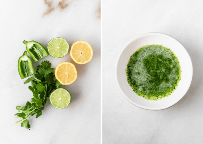 two image collage showing ingredients for green sauce for ceviche and the blended green sauce in a bowl.