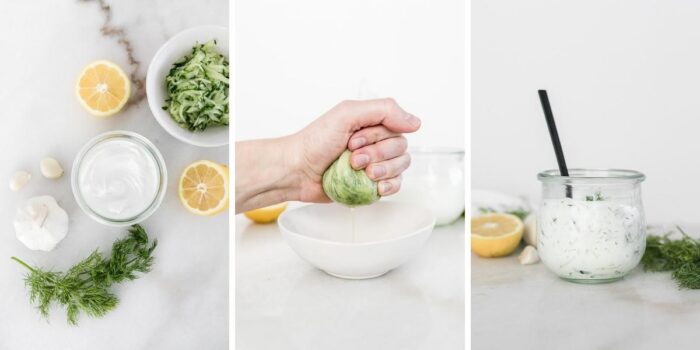 three image collage showing steps for making tzatziki sauce.