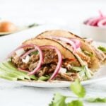 two carnitas tacos on a plate topped with cilantro, red onion, radish and salsa.