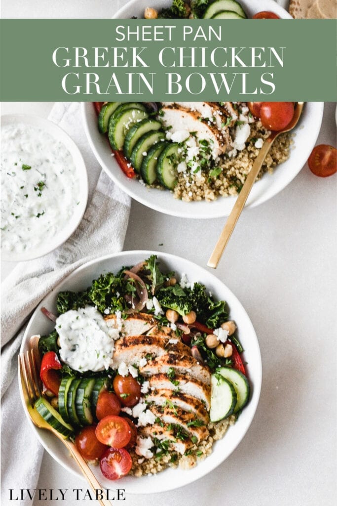 overhead view of greek chicken grain bowls with text overlay.