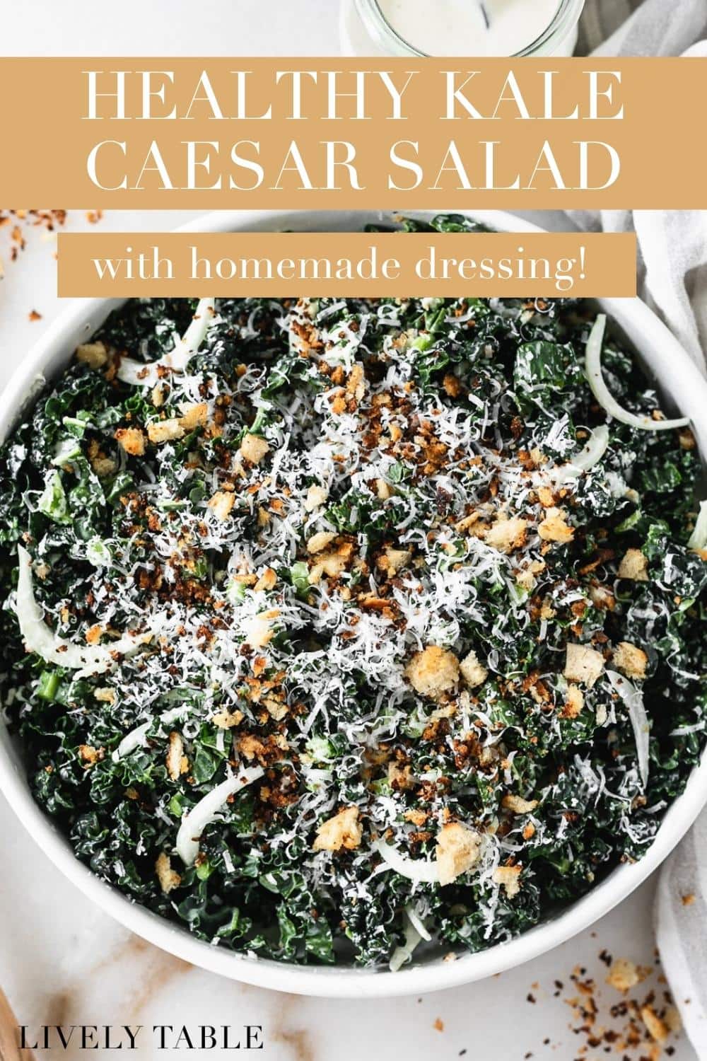 Healthy Kale Caesar Salad with Homemade Dressing and Bread Crumbs