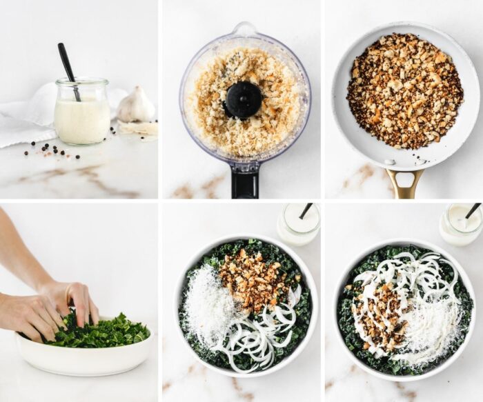 6 image collage showing steps for making kale caesar salad.