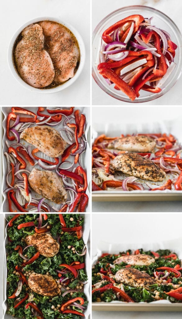 collage showing 6 steps for making sheet pan Greek chicken grain bowls.