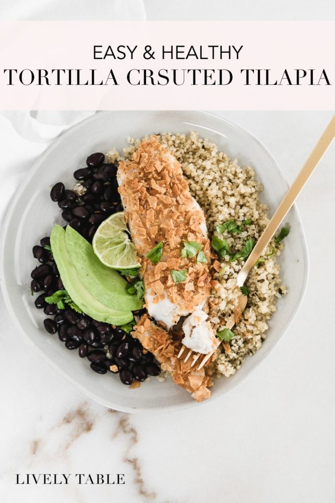healthy tortilla crusted tilapia in a bowl with quinoa, black beans, and avocado.