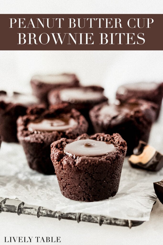mini peanut butter cup brownie bites on a parchment lined cooling rack with text overlay.