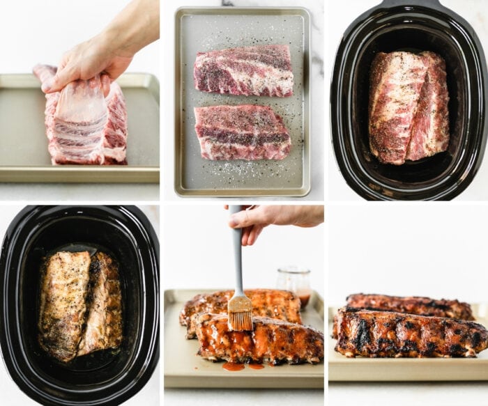 6 image collage showing steps for making bbq ribs in the slow cooker.