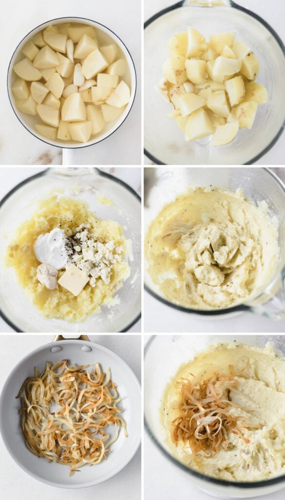 collage showing steps for making blue cheese mashed potatoes.