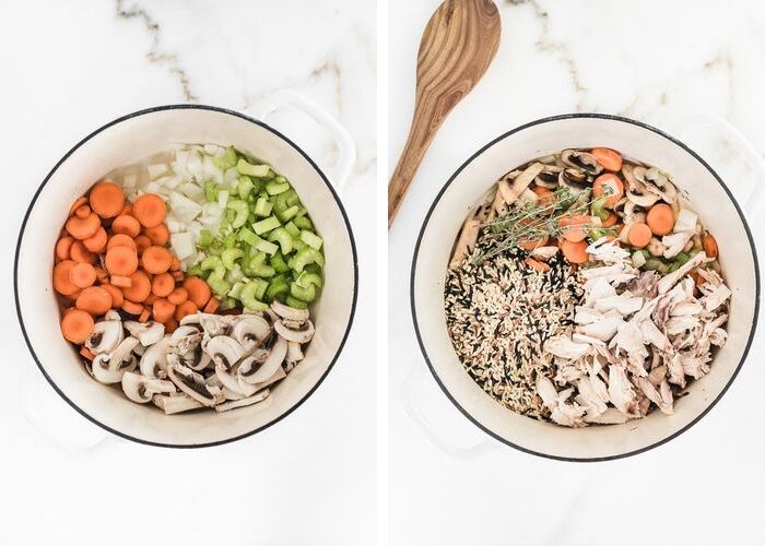 side by side photos of a white pot - one with carrots, onions, celery, and sliced mushrooms, the other with wild rice, thyme and turkey added.
