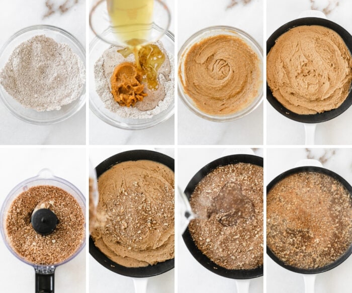 8 image collage showing steps for making pumpkin lava cake.