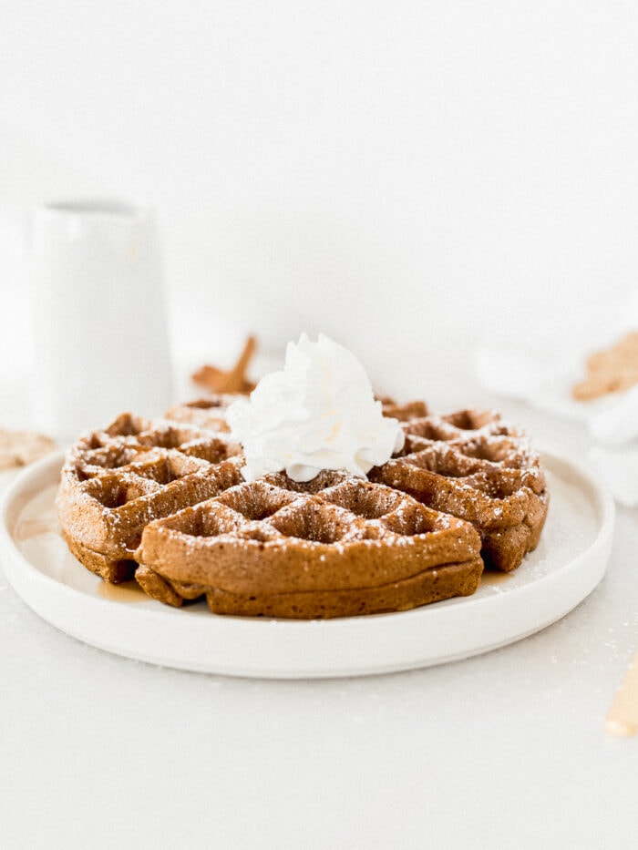 gingerbread waffle topped with powdered sugar and whipped cream on a white plate.