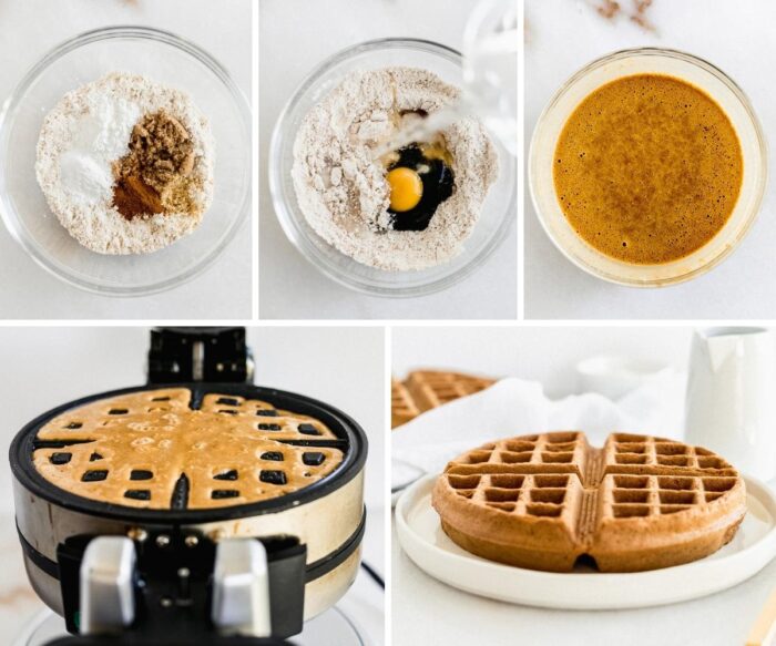 5 image collage showing steps for making Healthy gingerbread waffles.