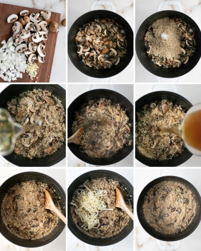 9 image collage showing steps for making mushroom risotto.