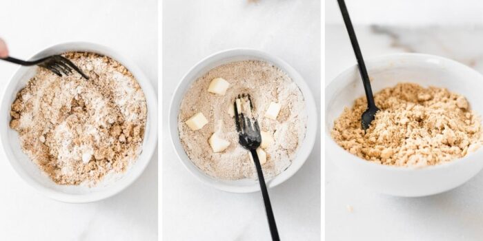 3 image collage showing steps for making crumb topping for greek yogurt coffee cake.