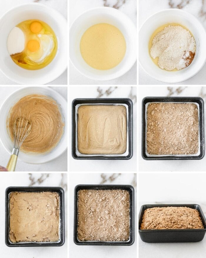 9 image collage showing steps for making greek yogurt coffee cake.