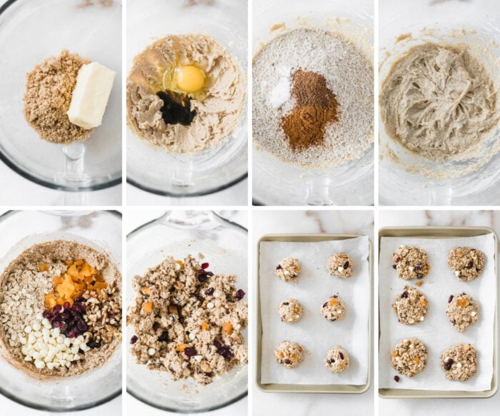 8 image collage showing steps for making gluten-free fall harvest oatmeal cookies.