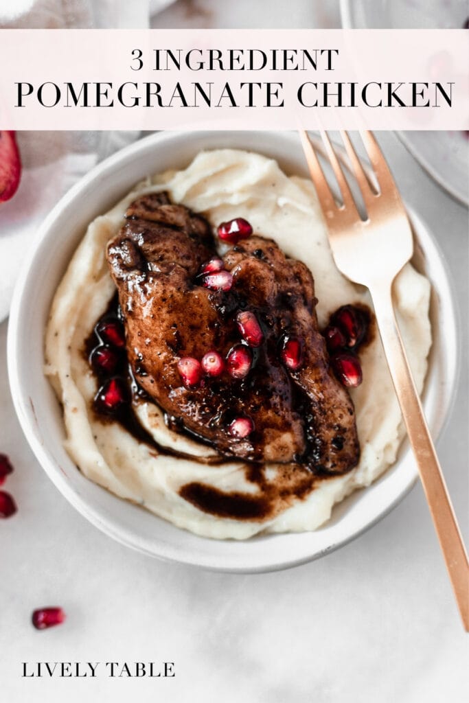 pinterest image with text for 3 ingredient pomegranate balsamic chicken.