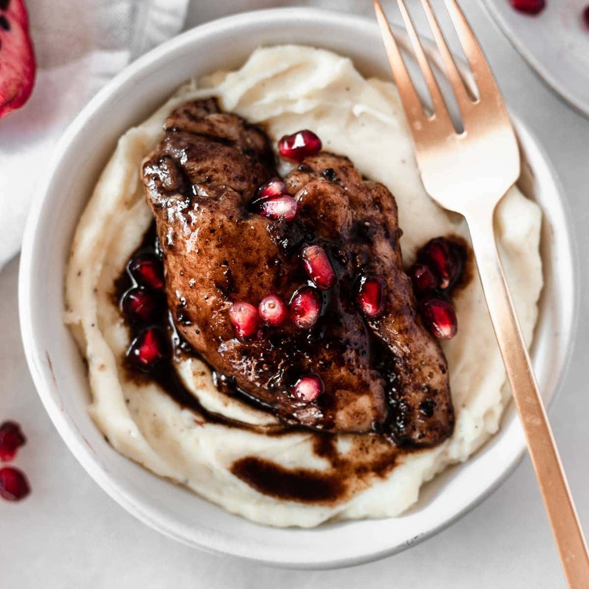 These pomegranate balsamic chicken thighs couldn't be easier to make. With only 3 ingredients, they're the perfect quick and healthy weeknight dinner when paired with a side of veggies! Naturally gluten-free and dairy-free. Via livelytable.com