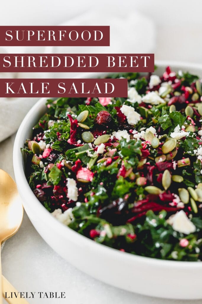 shredded beet kale salad in a white bowl with text overlay.