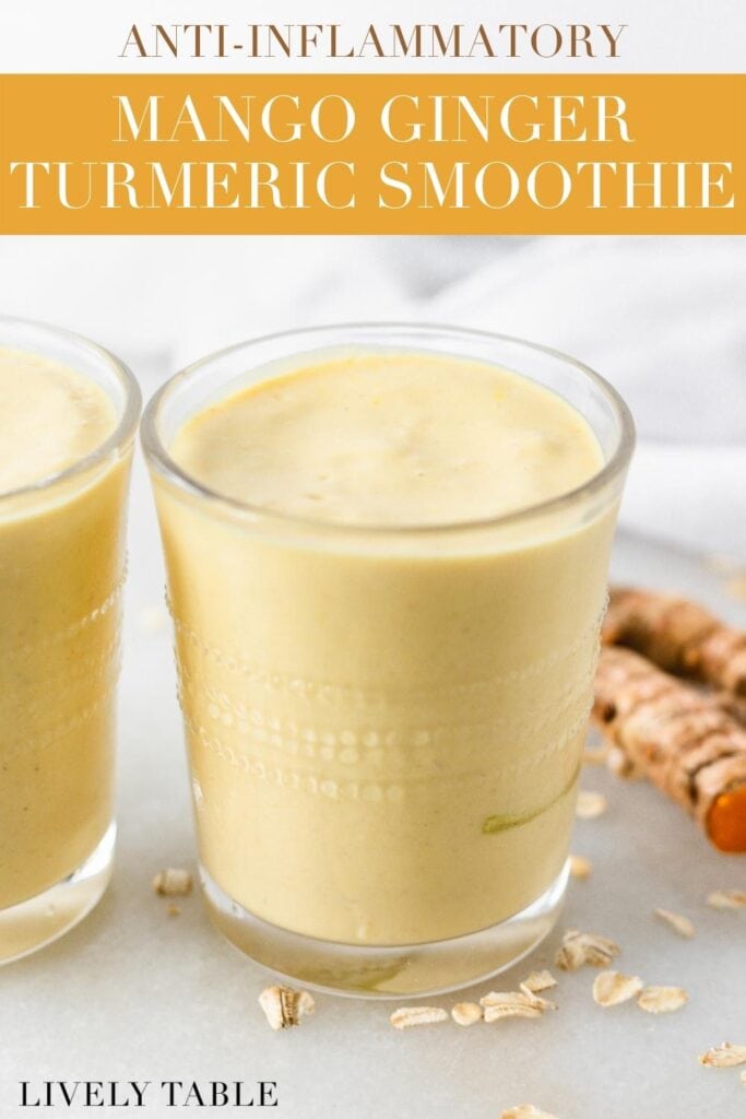closeup of a mango ginger turmeric smoothie in a glass with text overlay,