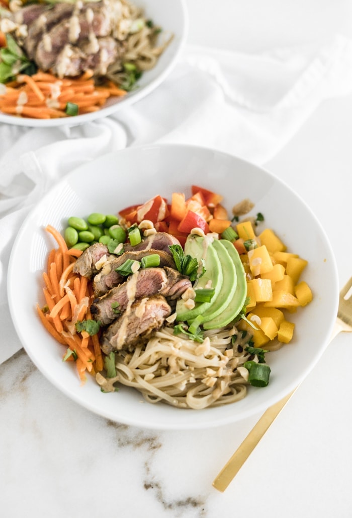 thai mango steak noodle bowls