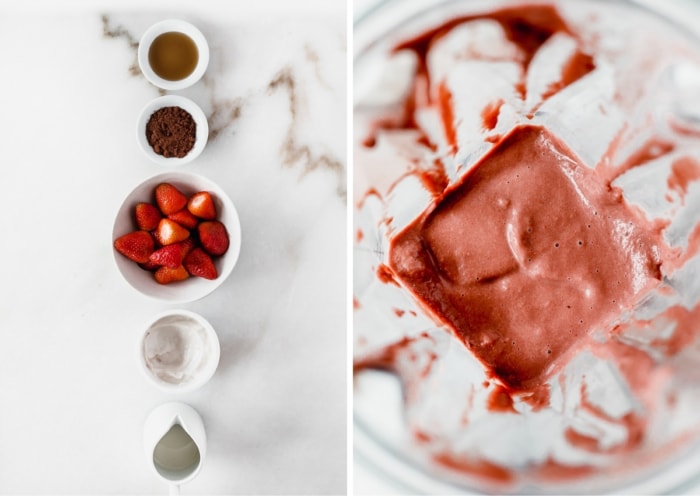 side by side images of ingredients for chocolate strawberry smoothie and the blended smoothie in a blender.