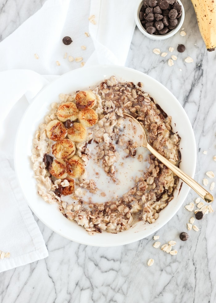 overhead shot of bowl of Caramelized Banana Dark Chocolate Oatmeal