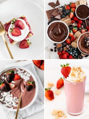 four image collage of healthy valentines day recipes.