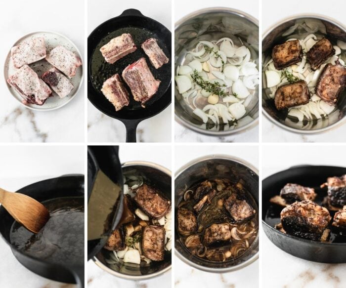 8 image collage showing steps for making balsamic braised short ribs in the slow cooker.